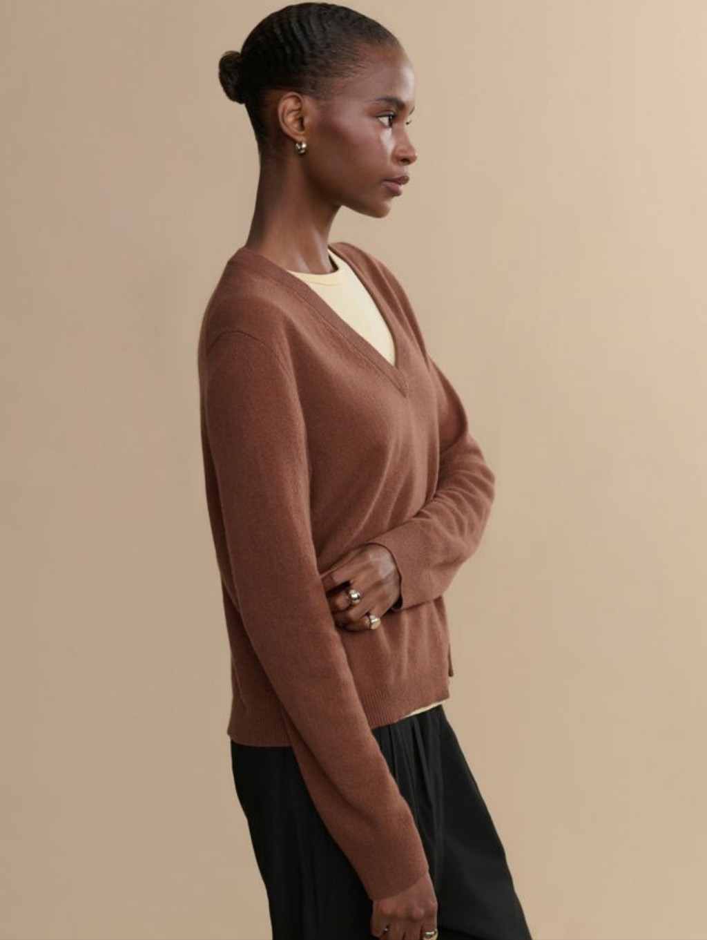 Jenni Kayne Brown Flynn 100% Cashmere V-Neck Classic Sweater Size Large Flawed — image 2 of 8